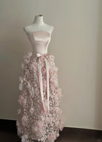 Sweet Pale Pink A-Line 3D Floral Satin And Tulle Long Formal Prom Dresses Wedding Dresses