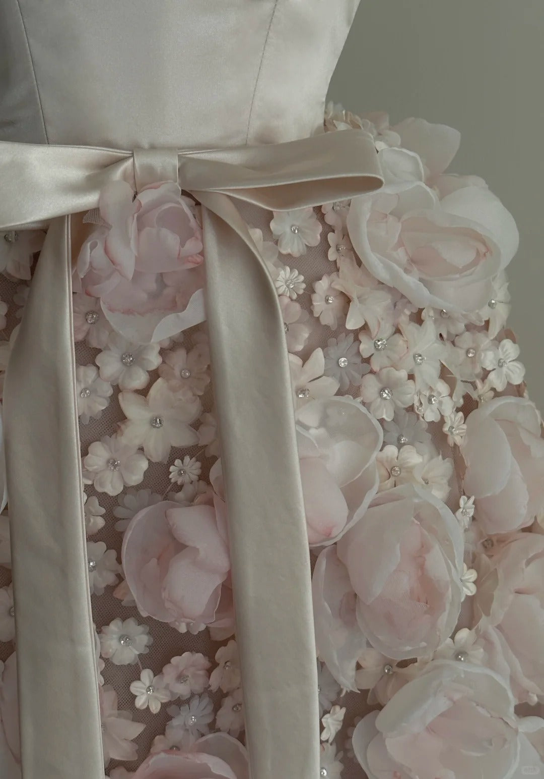 Sweet Pale Pink A-Line 3D Floral Satin And Tulle Long Formal Prom Dresses Wedding Dresses