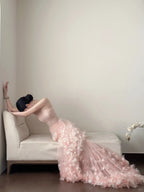 Sweet Pale Pink Mermaid Tail Three-Dimensional Petal Long Formal Prom Dresses Wedding Dresses