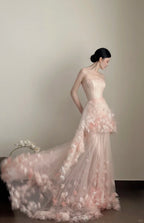 Sweet Pale Pink Mermaid Tail Three-Dimensional Petal Long Formal Prom Dresses Wedding Dresses
