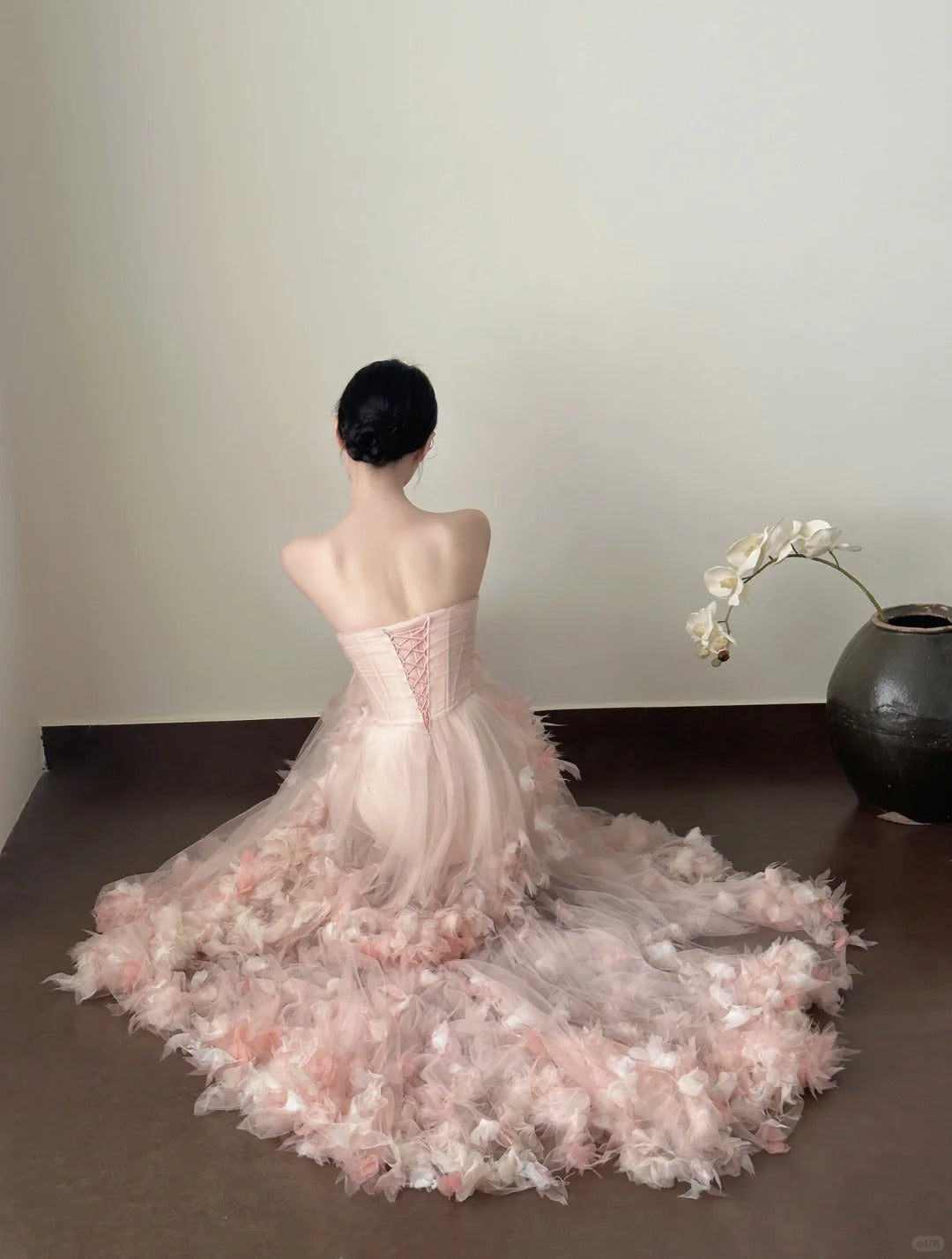 Sweet Pale Pink Mermaid Tail Three-Dimensional Petal Long Formal Prom Dresses Wedding Dresses