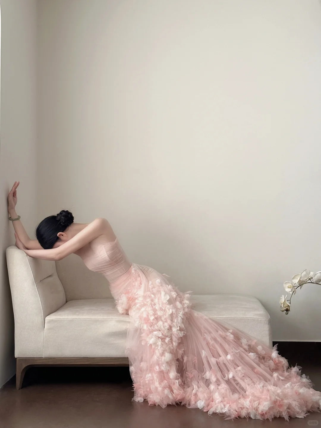 Sweet Pale Pink Mermaid Tail Three-Dimensional Petal Long Formal Prom Dresses Wedding Dresses