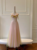 Sweet Pink A-Line Suspenders Sequined Tulle Long Formal Prom Dresses Bridesmaid Dresses