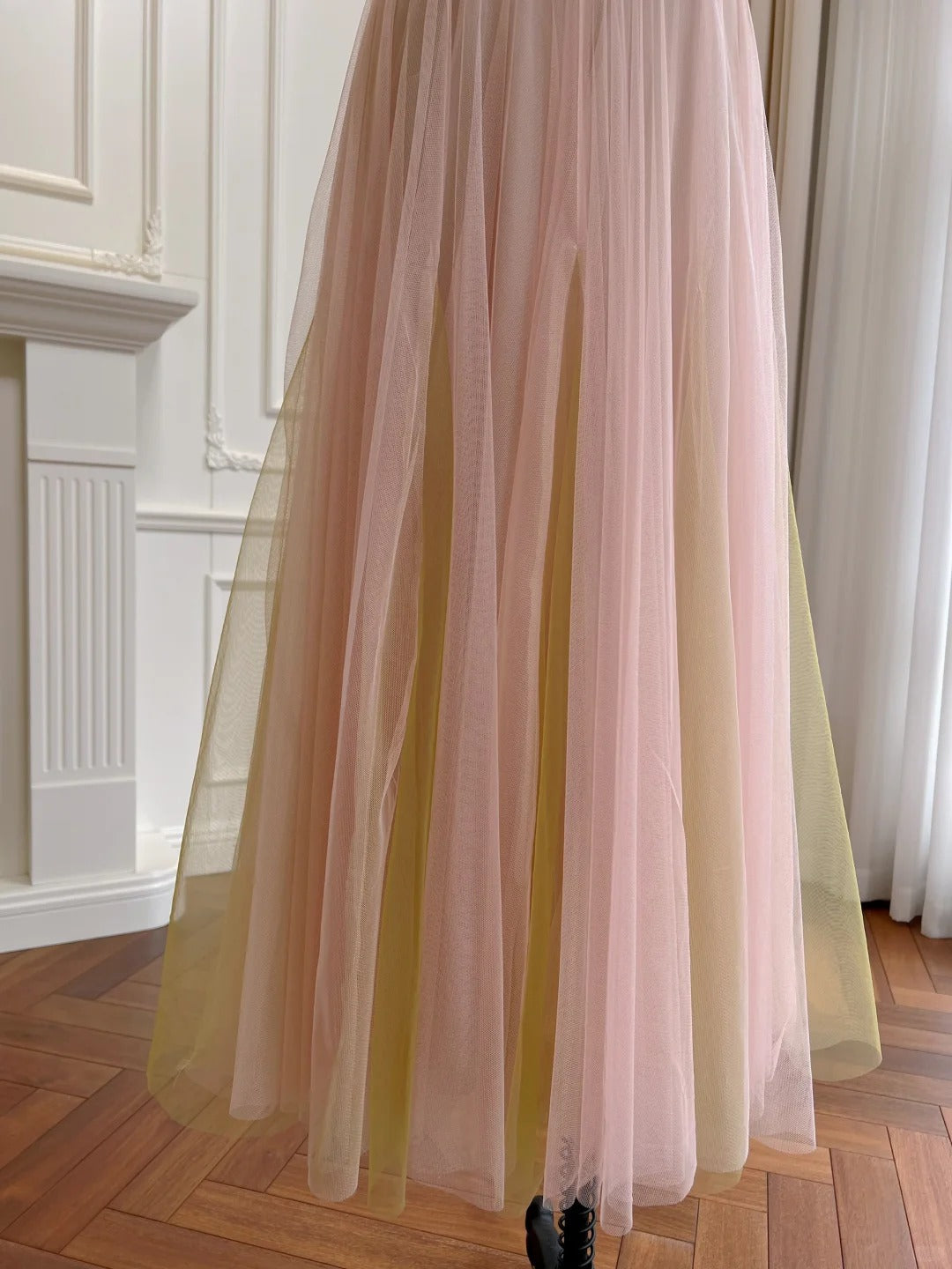Sweet Pink A-Line Suspenders Sequined Tulle Long Formal Prom Dresses Bridesmaid Dresses