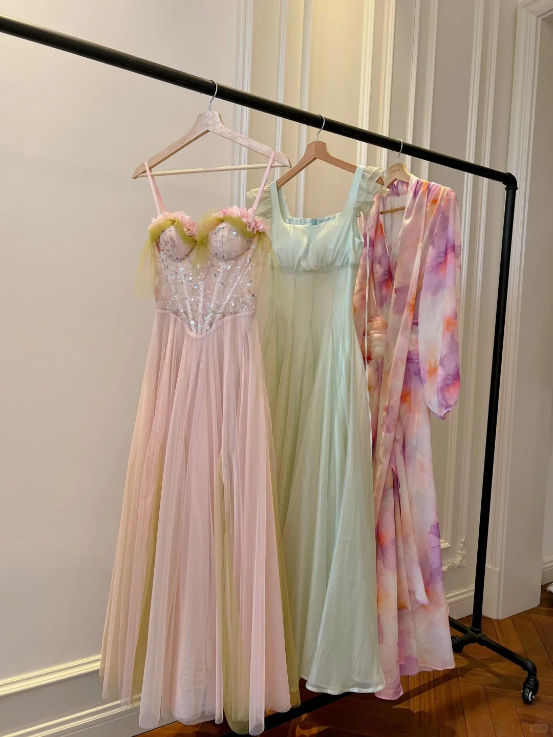 Sweet Pink A-Line Suspenders Sequined Tulle Long Formal Prom Dresses Bridesmaid Dresses