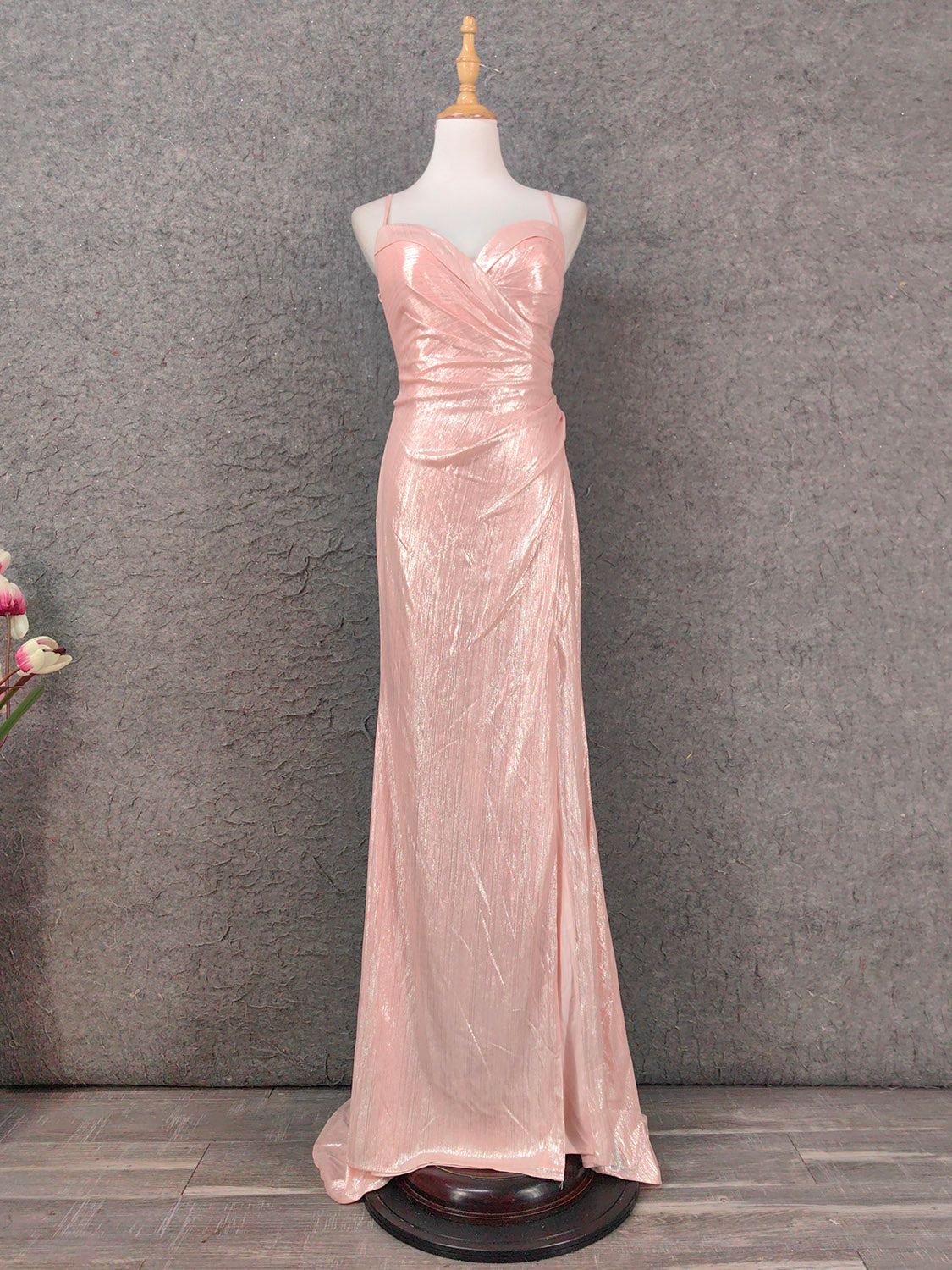 Sweet Pink Spaghetti Strap V-Neck Ruffled Open Back Satin Train Formal Prom Dresses Bridesmaid Dresses Main image