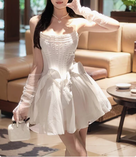 Sweet White Herringbone Tube Top Puff Birthday Dresses Homecoming Dresses Main image