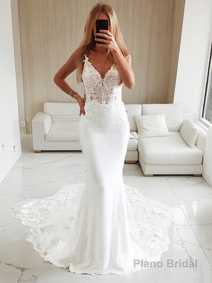 Trumpet/Mermaid V-neck Cathedral Train Stretch Crepe Wedding Dresses With Appliques Lace Main image