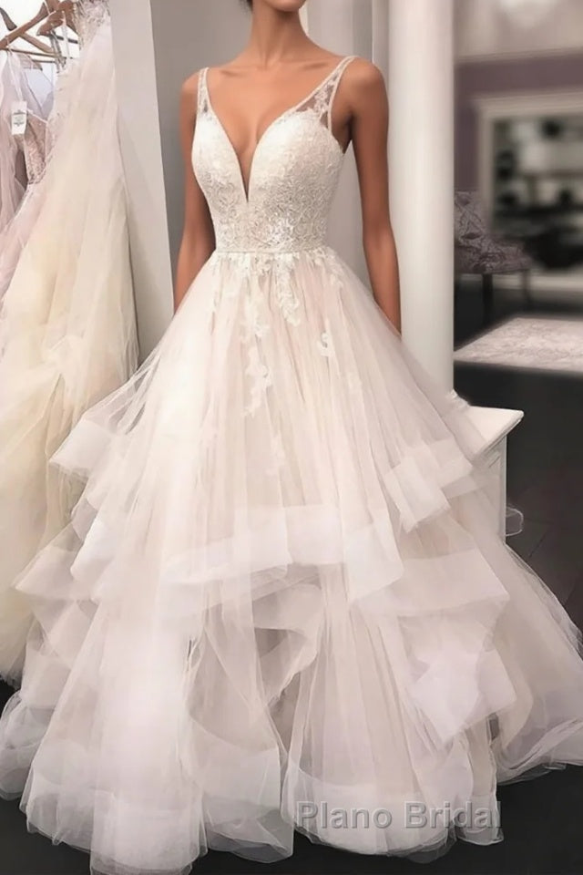 Unique v neck tulle lace long Formal Prom dress, tulle lace wedding dress