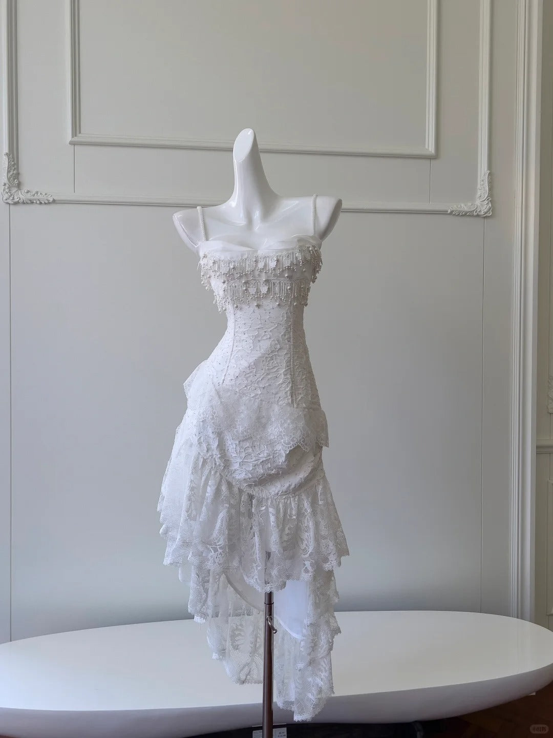 Vintage Gorgeous White Irregular Strap Pearl Lace Formal Prom Dresses Bridesmaid Dresses Main image