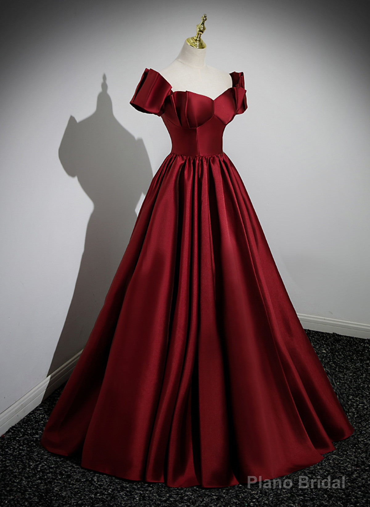 Wine Red Satin Long Party Dress, Off Shoulder Sweetheart Floor Length Prom Dress Main image