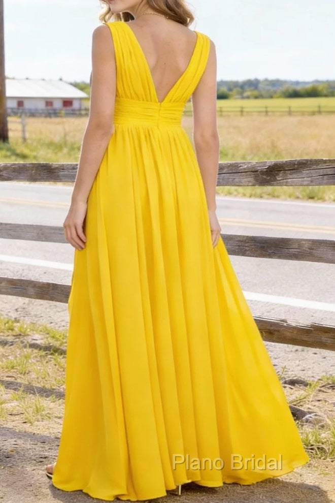 Yellow V Neck Chiffon Floor Length Bridesmaid Dresses Long Bridesmaid Dress With Pleated Split Secondary image