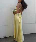 Yellow V-Neck Backless Fashion Elegant Long Satin Ball Gown Evening Dress Wedding Guest Party Dress