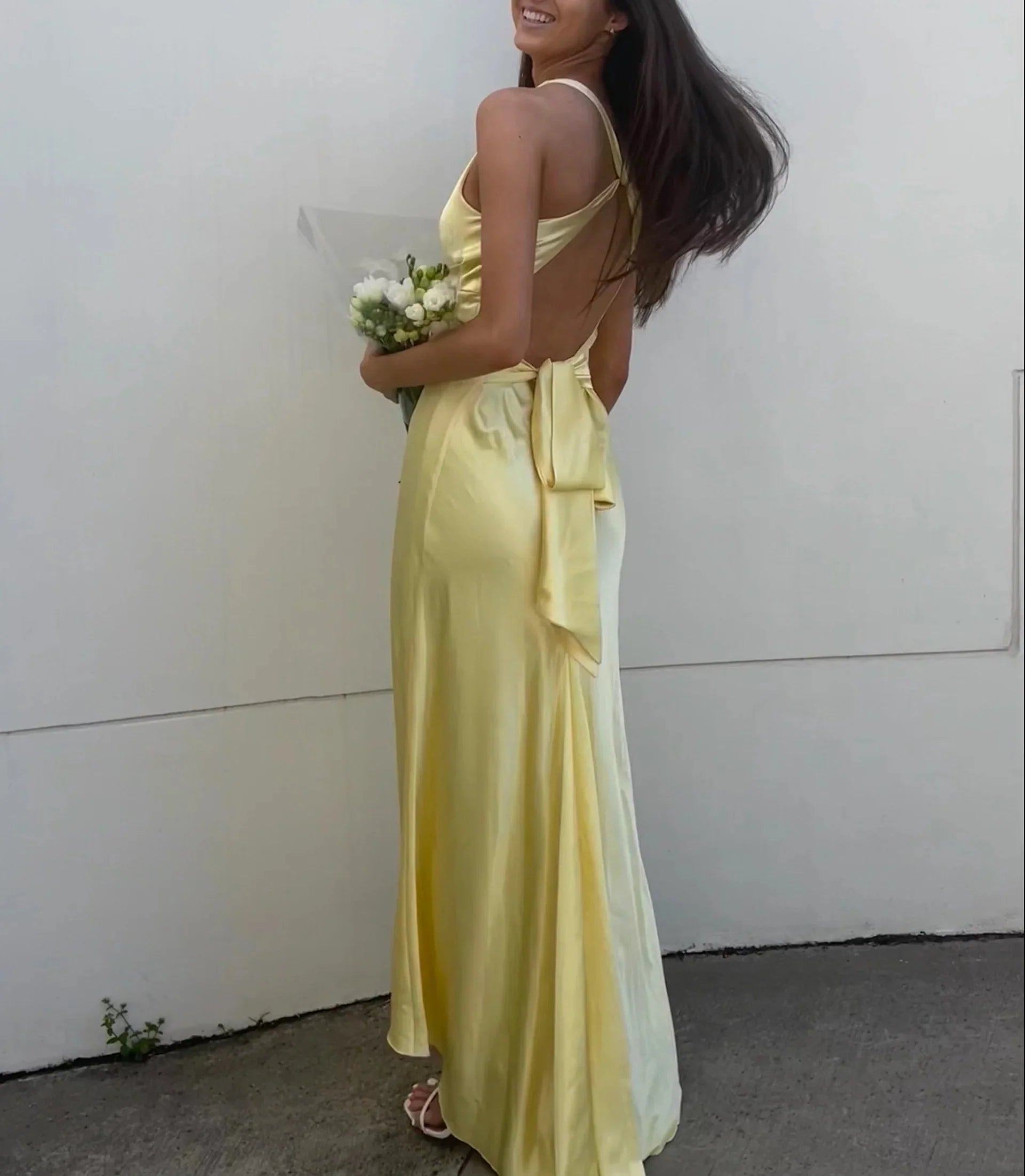 Yellow V-Neck Backless Fashion Elegant Long Satin Ball Gown Evening Dress Wedding Guest Party Dress