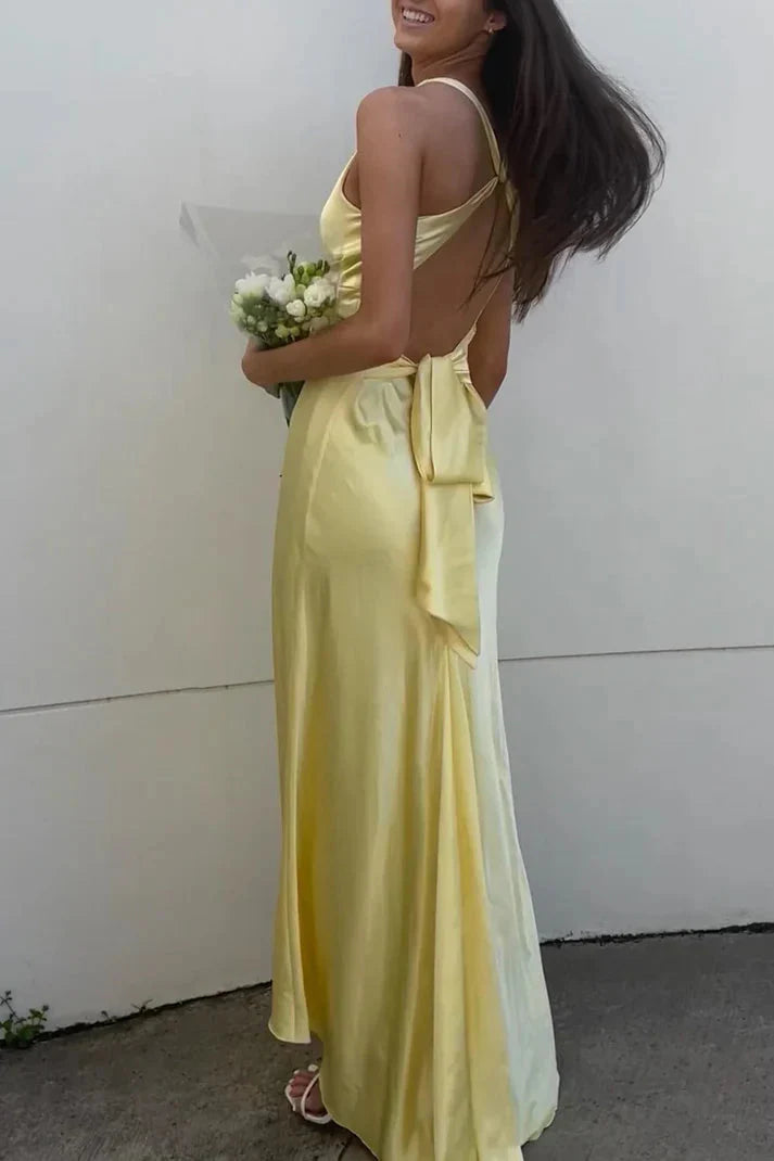 Yellow V-Neck Backless Fashion Elegant Long Satin Ball Gown Evening Dress Wedding Guest Party Dress Secondary image