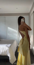 Yellow V-Neck Backless Fashion Elegant Long Satin Ball Gown Evening Dress Wedding Guest Party Dress